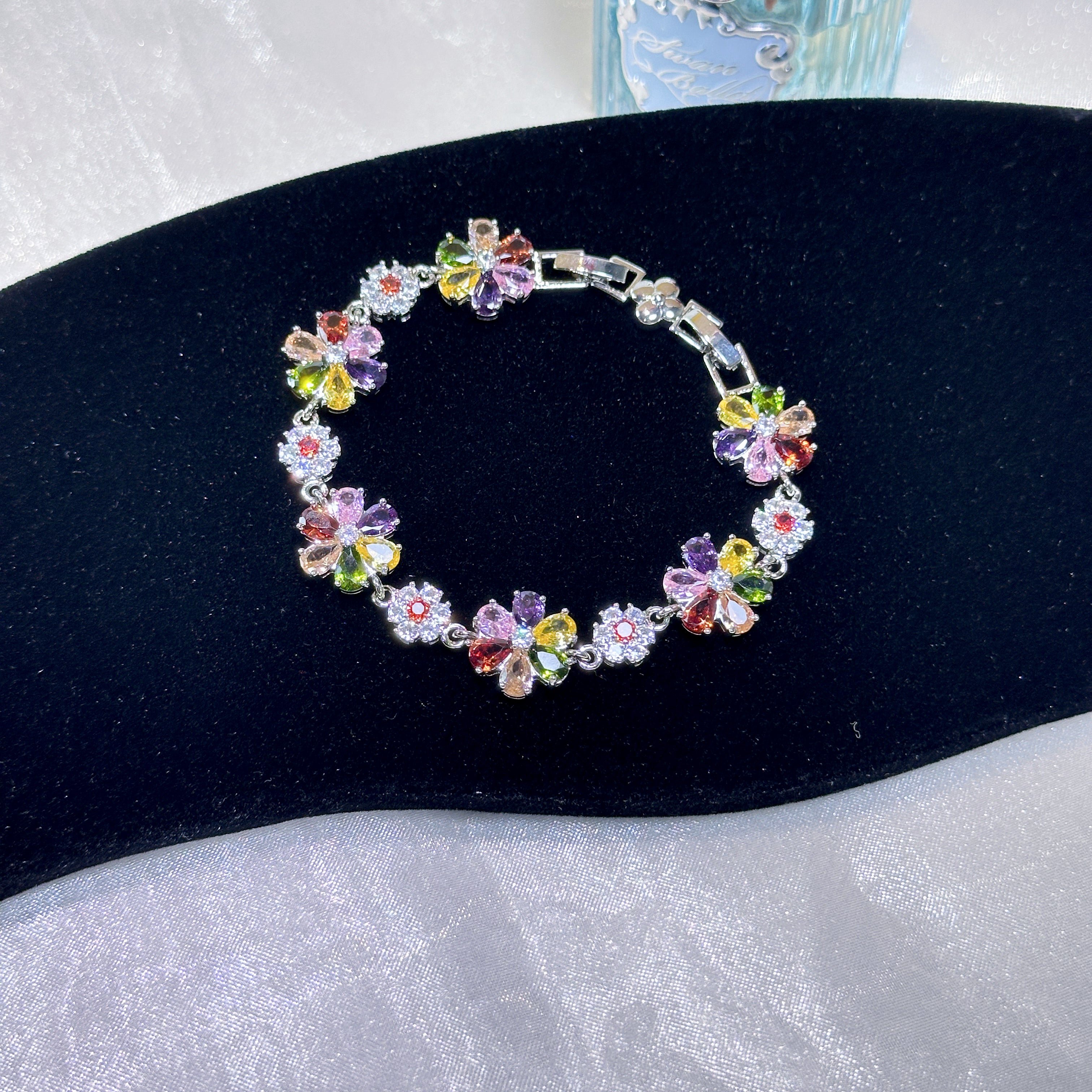 Floral Cubic Zirconia Bracelet - Multicolor Flower Charm Bracelet