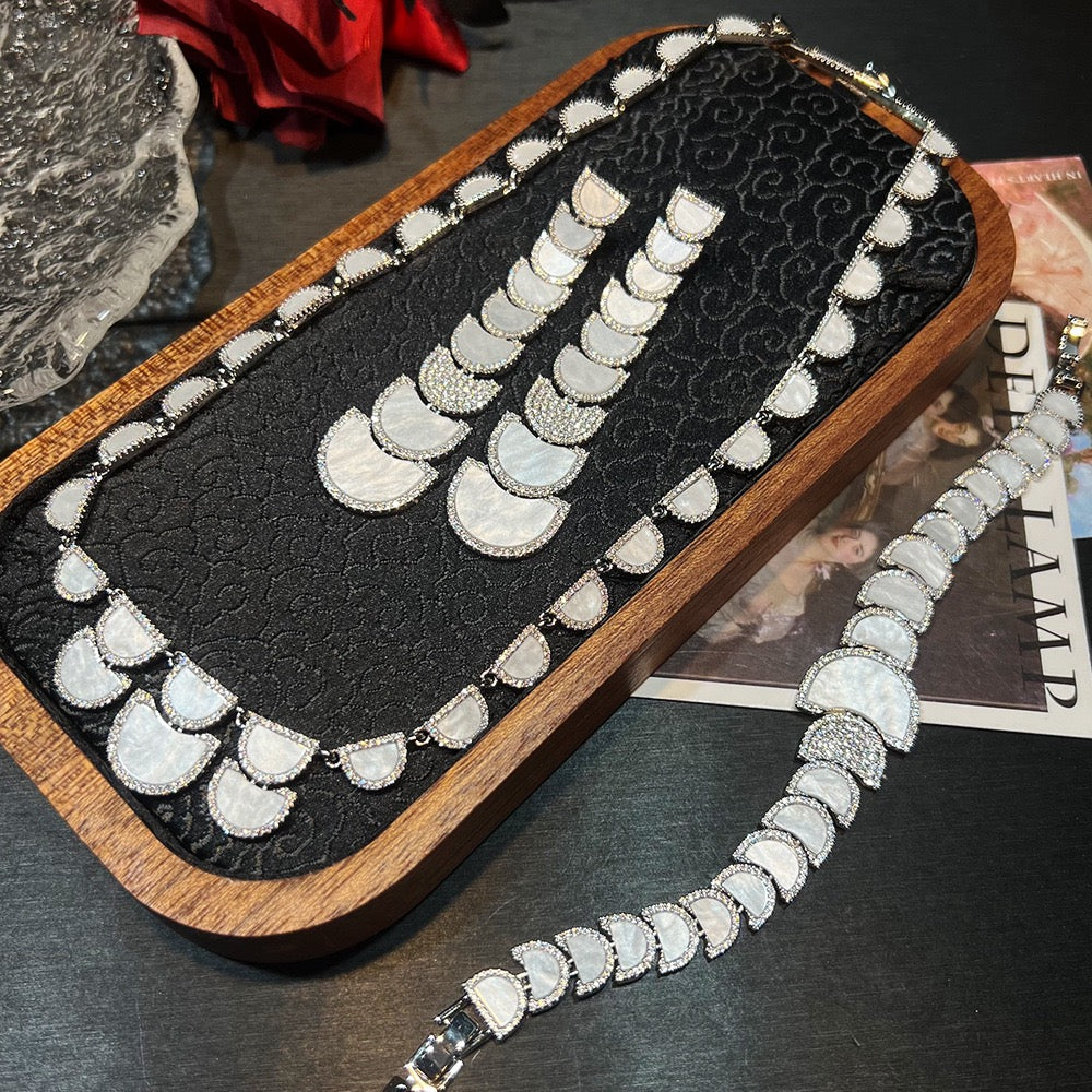 The Heirloom Three-Piece Set - Sculptural Zirconia Necklace, Earrings & Bracelet - Twilight Rose / Eternal Moonlight