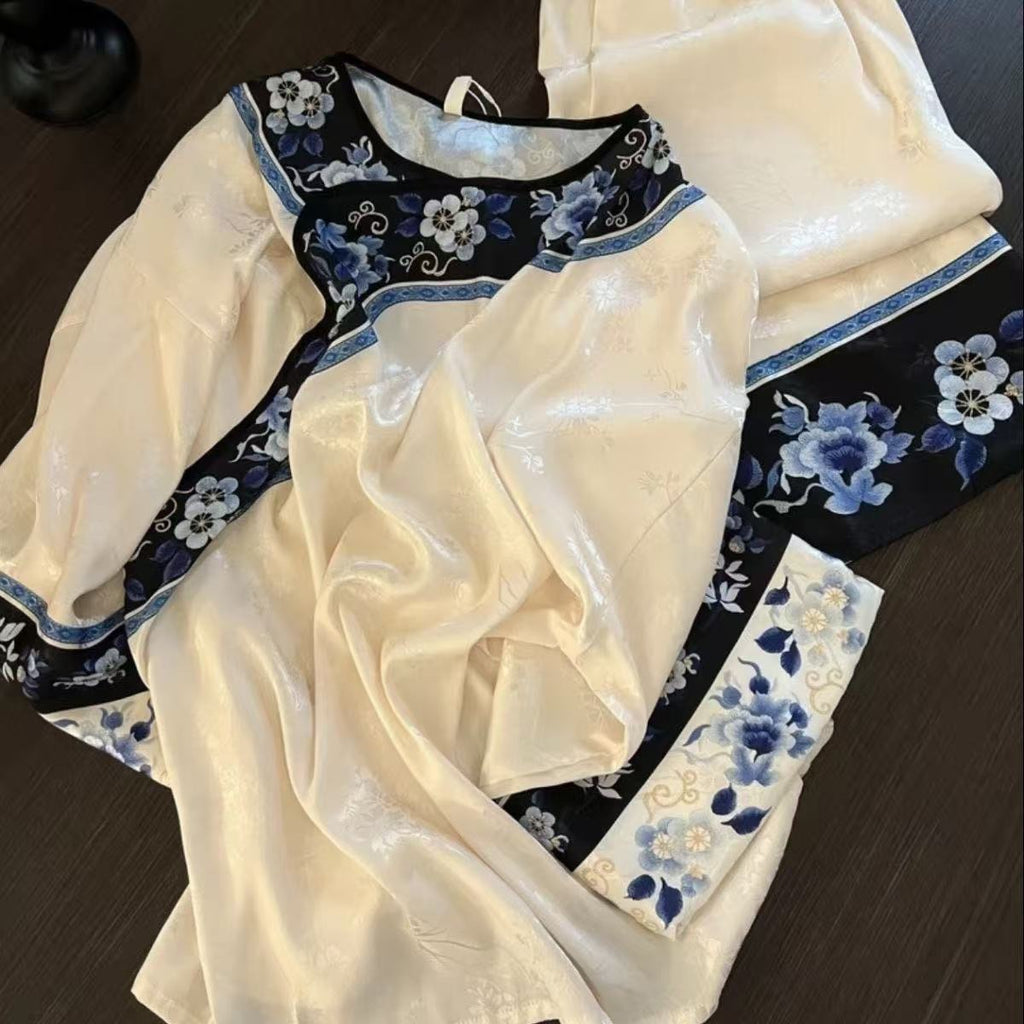 Qing Dynasty Princess Pajama Set – Vintage Court Floral Jacquard, Long-Sleeve