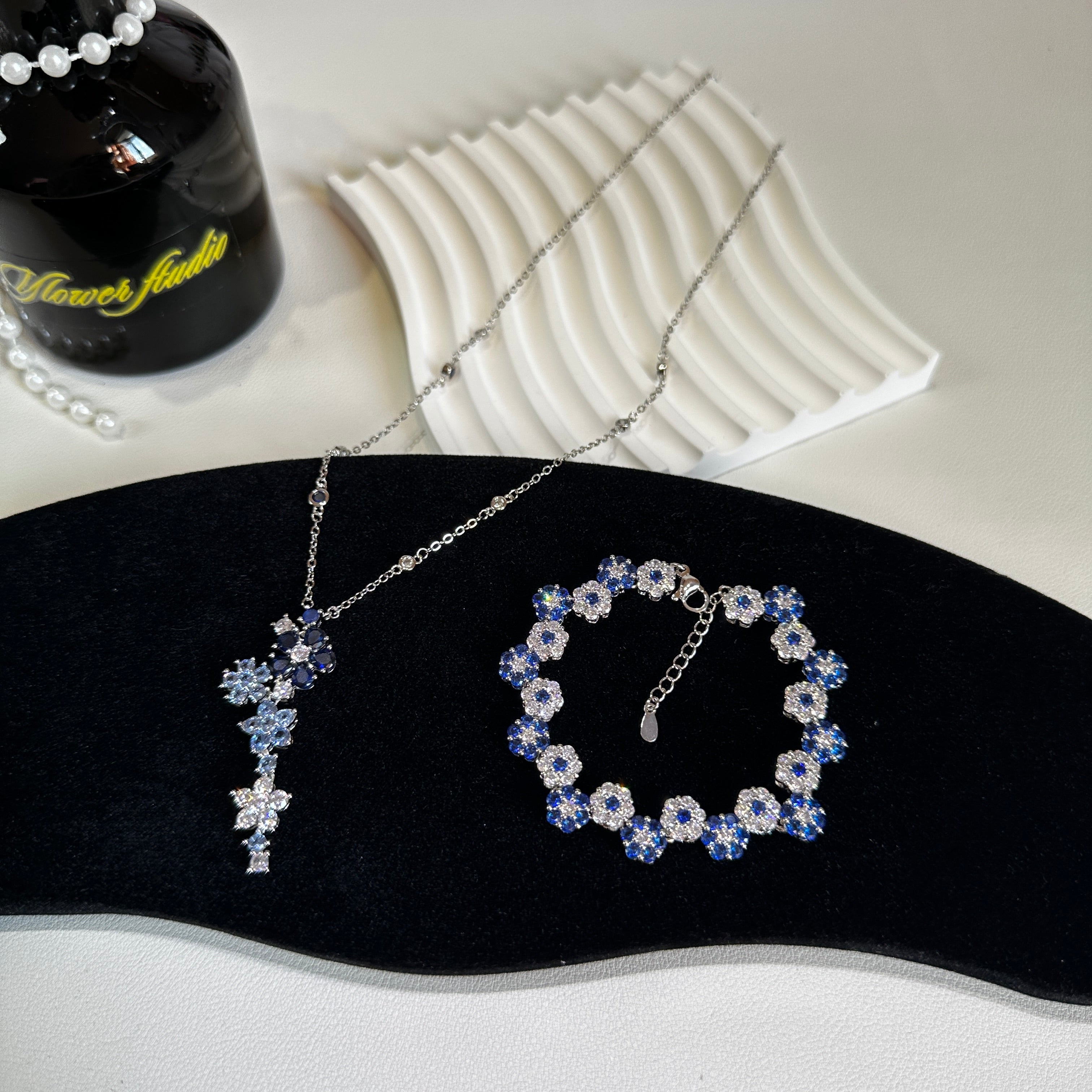 Two-Tone Jewelry Gift Set - Blue and White Stone Necklace with Matching Bracelet - Pale Luna Jewelry