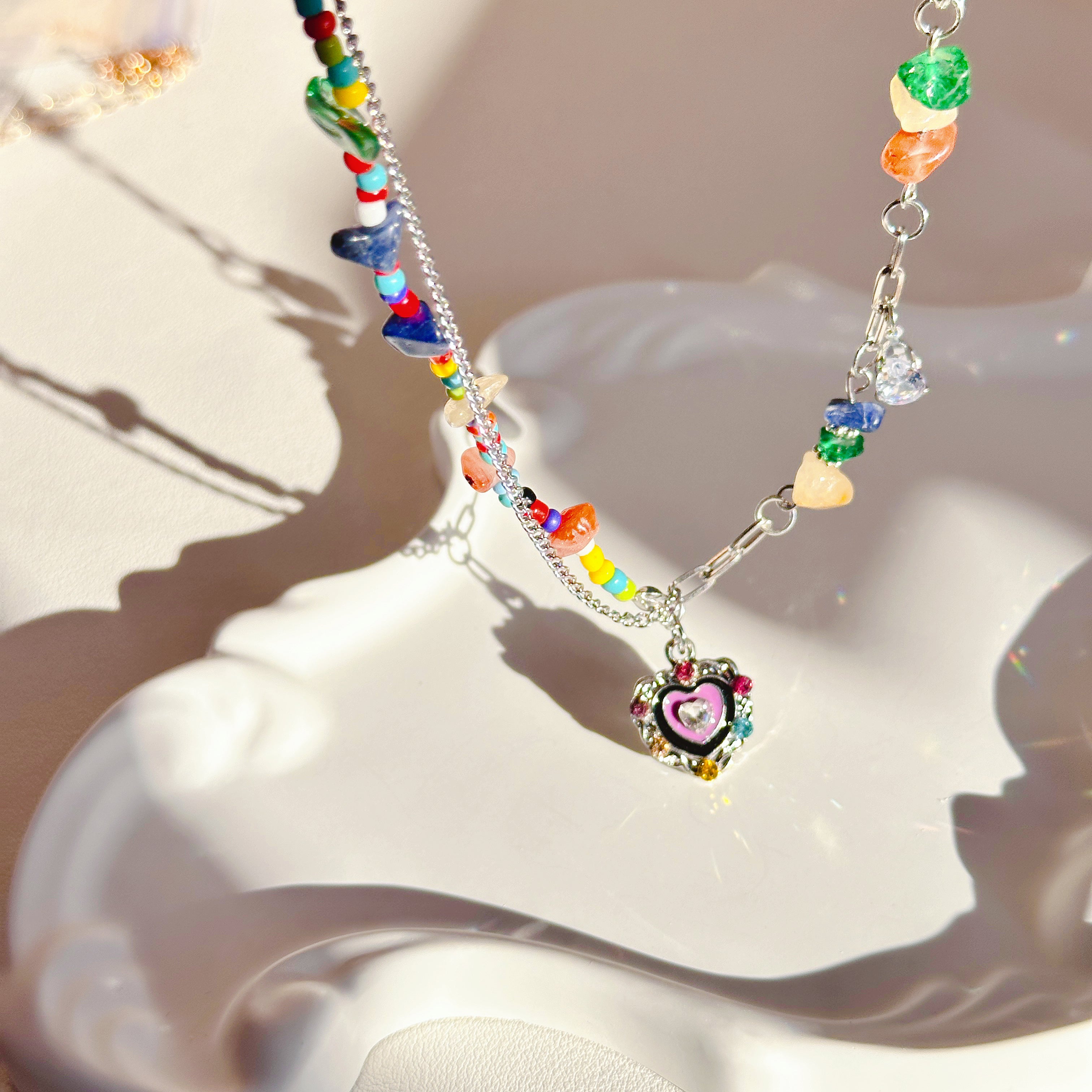 The Rainbow Heart Pendant | Multi-Gemstone Heart Necklace in Titanium Steel