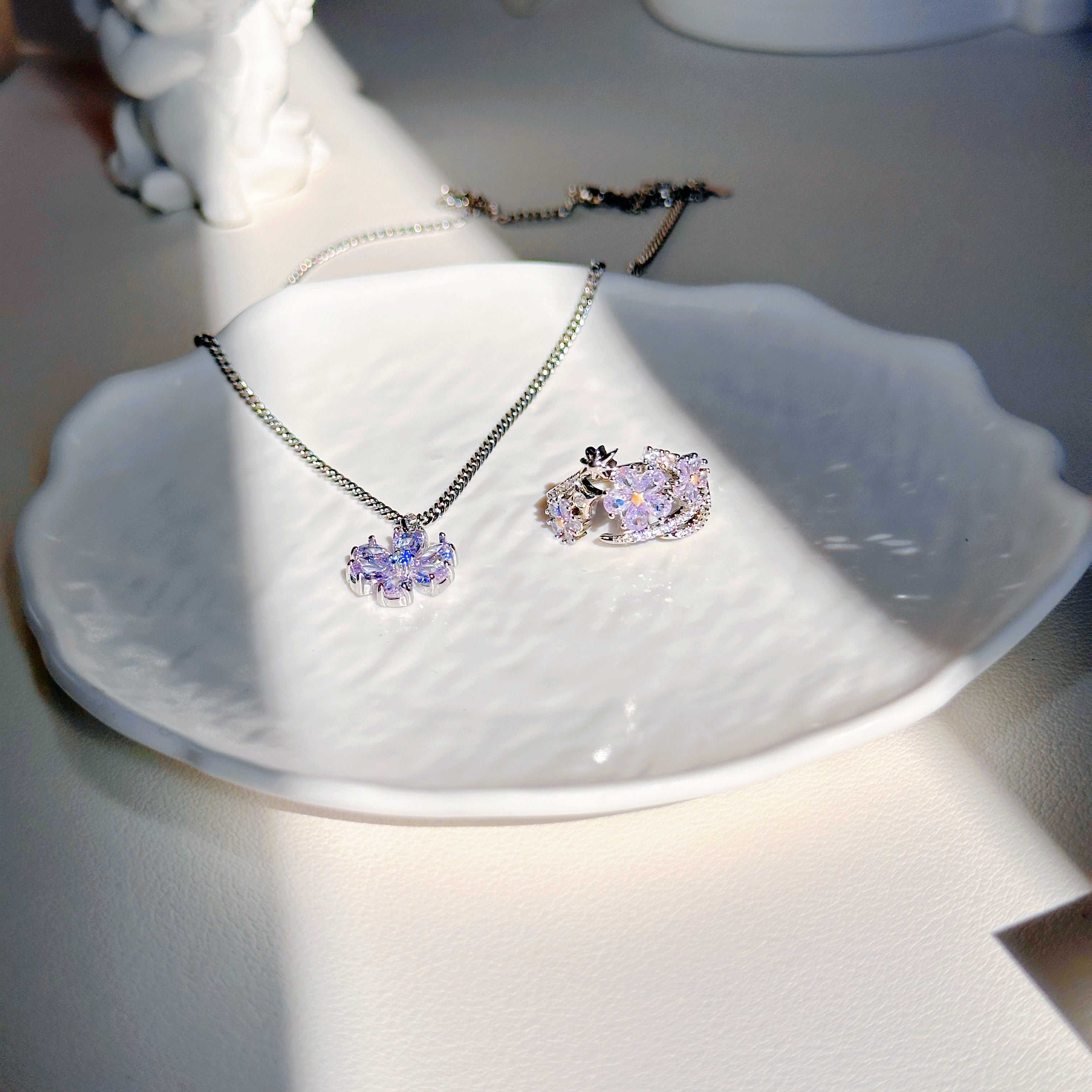 Starbloom Duo – Shen Xinghui Aster Flower Ring & Purple Lilac Necklace | Celestial Jewelry Set