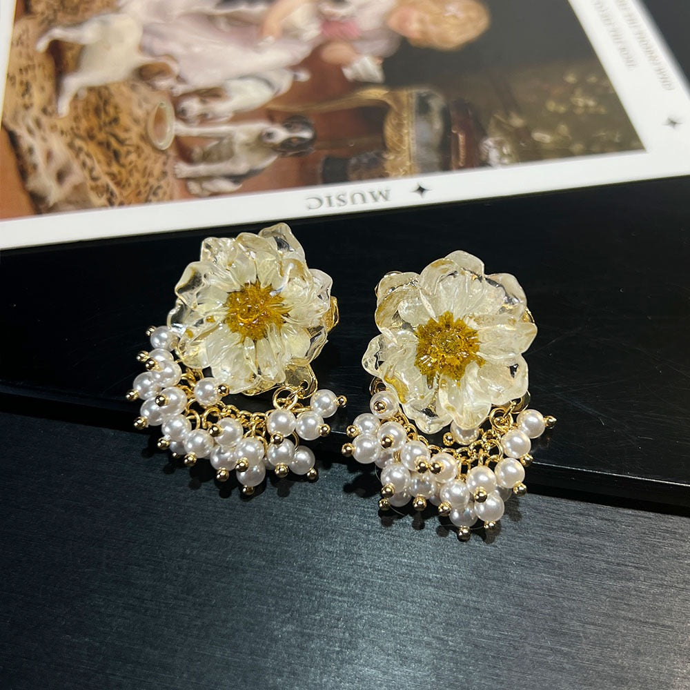 Pale Luna Amber Meadow: Dried Floral & Gold Fringe Earrings with S925 Silver