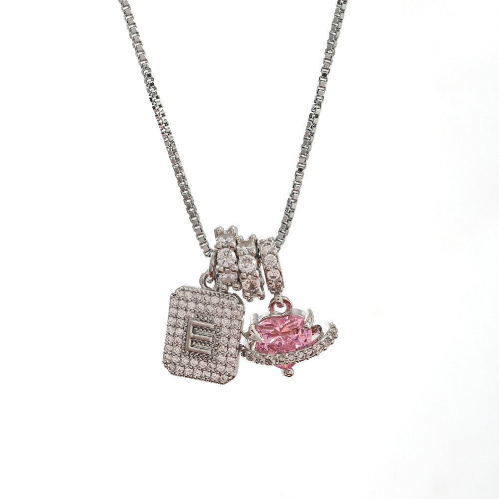 A Personalized Pink Heart Necklace - Custom Initial with CZ Stones | Dainty 40cm Chain