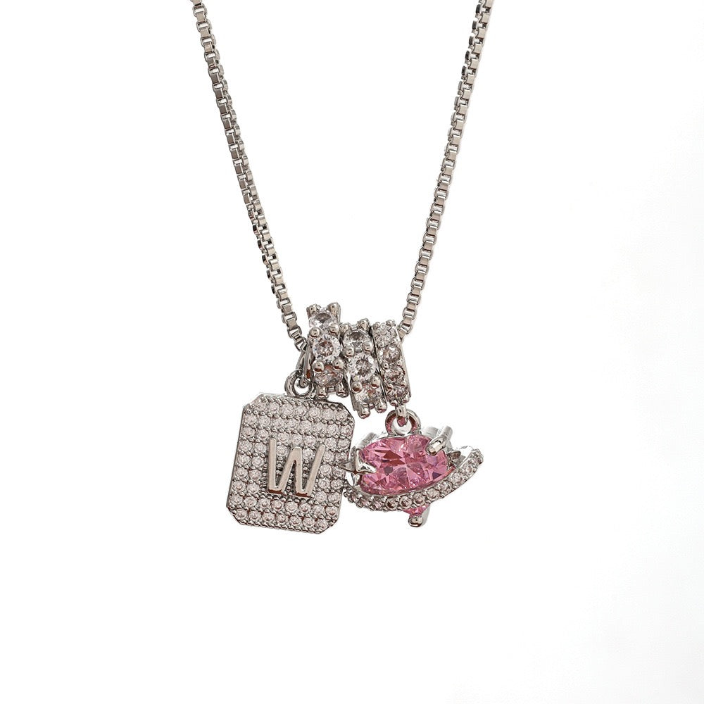 A Personalized Pink Heart Necklace - Custom Initial with CZ Stones | Dainty 40cm Chain