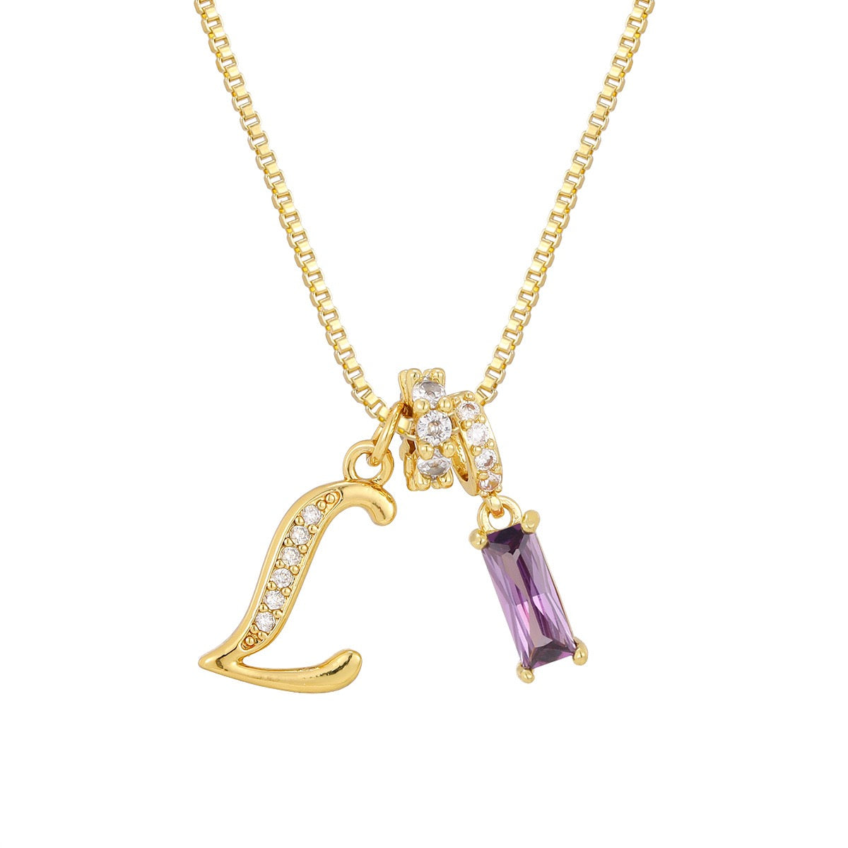 Gold Letter Necklace with Purple CZ - Rectangular Bar Pendant with Custom Initial | Personalized Jewelry