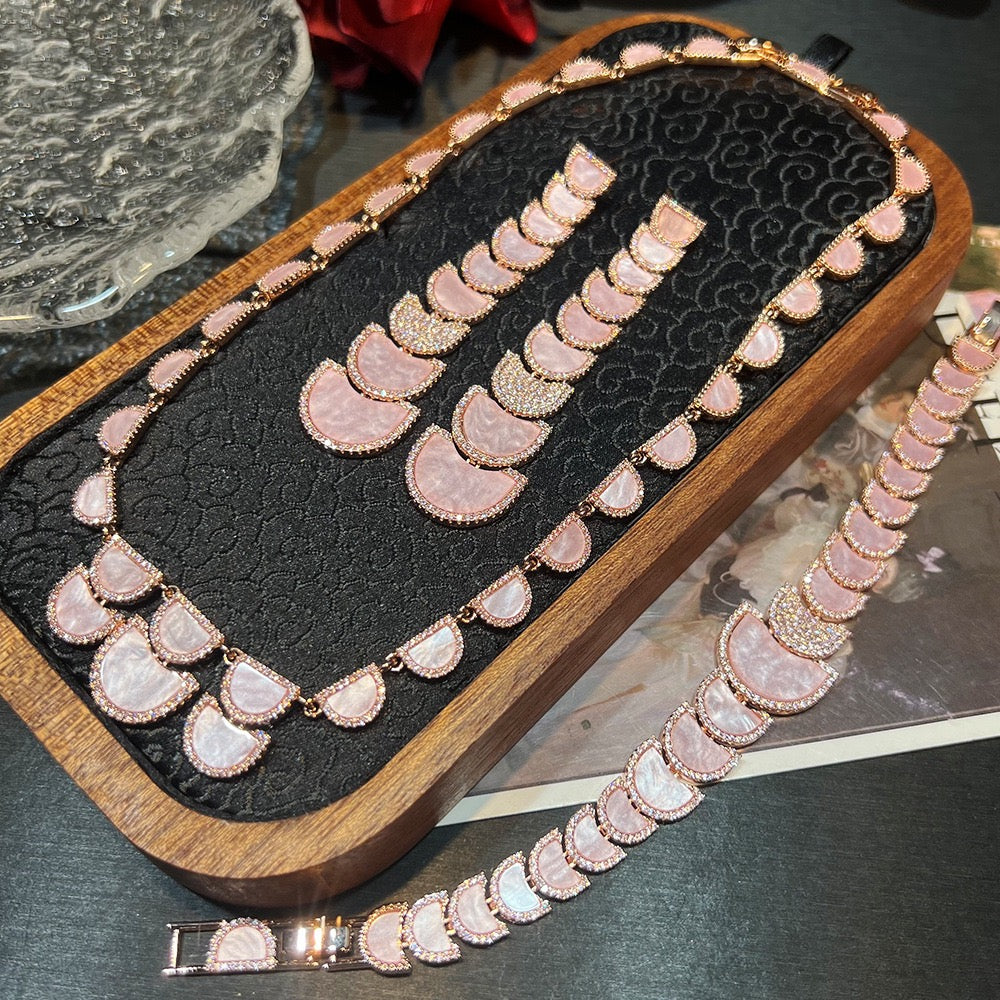 The Heirloom Three-Piece Set - Sculptural Zirconia Necklace, Earrings & Bracelet - Twilight Rose / Eternal Moonlight
