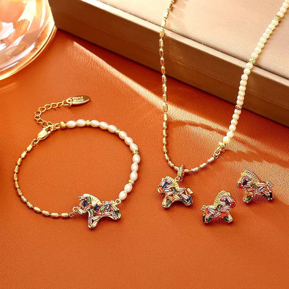 The Rainbow Pony Duo | Matching Charm Bracelet & Stud Earrings Set