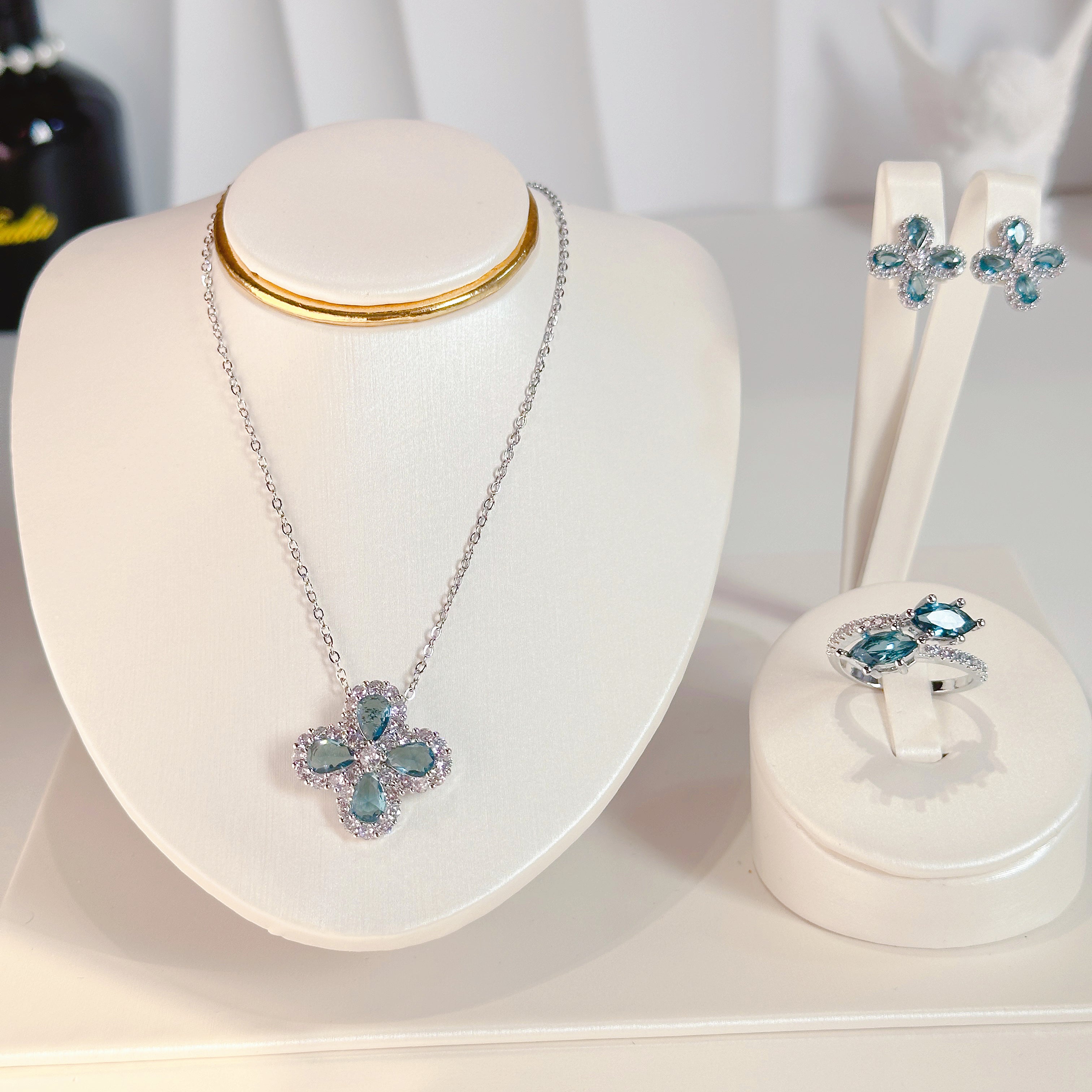 The Azure Floral Trio | Sapphire Zirconia Flower Necklace, Earrings & Ring Set