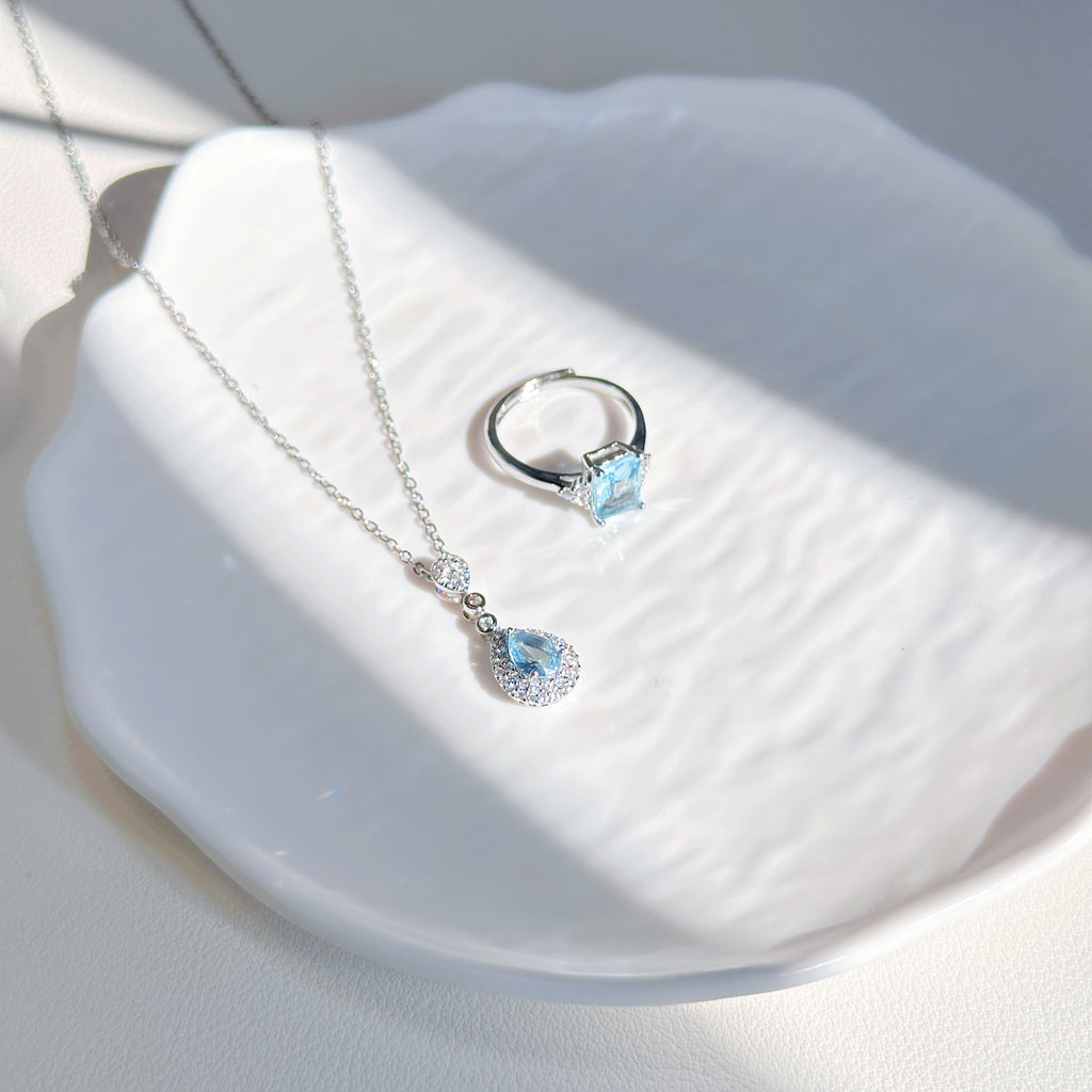Aqua Serenity Set – s925 Sterling Silver Aquamarine Necklace & Ring | Dainty Teardrop Pendant & Square Band Ring