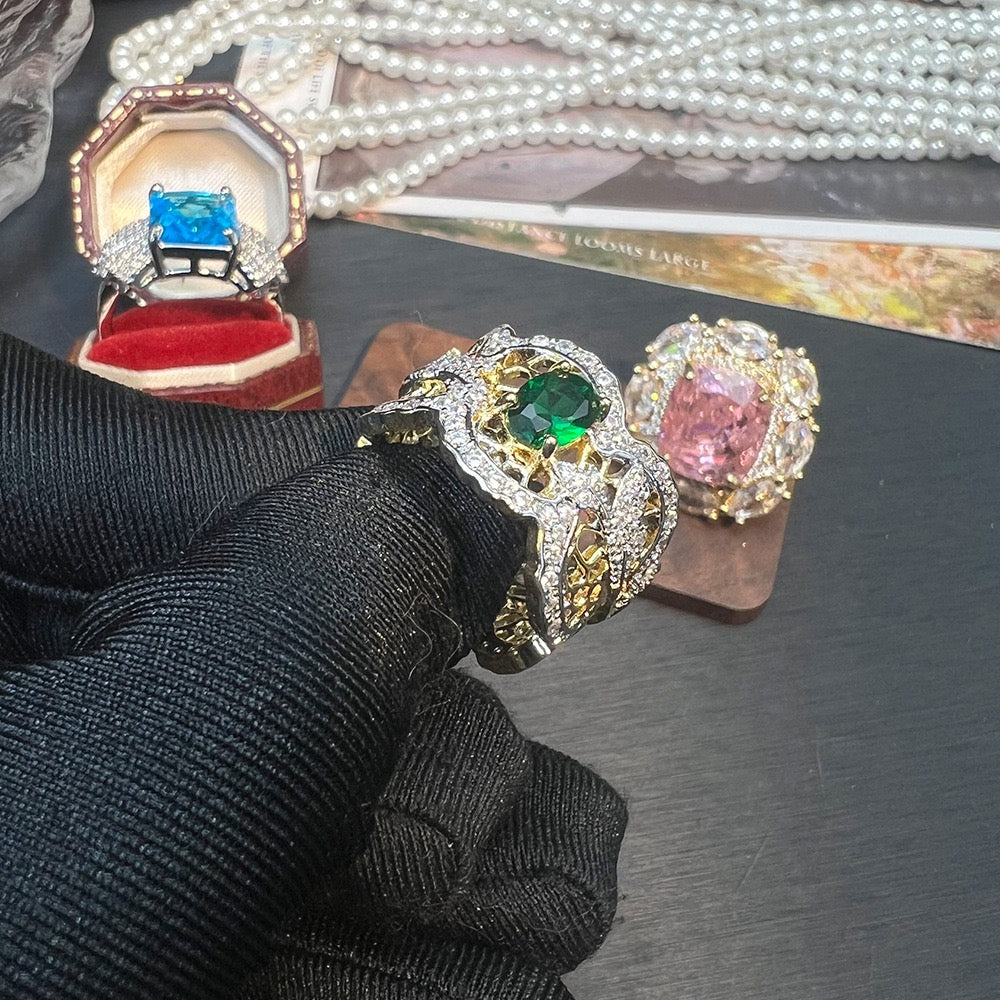 Victorian-Inspired Floral Lace Ring - Adjustable Open Band with CZ & Gem-Cut Detail