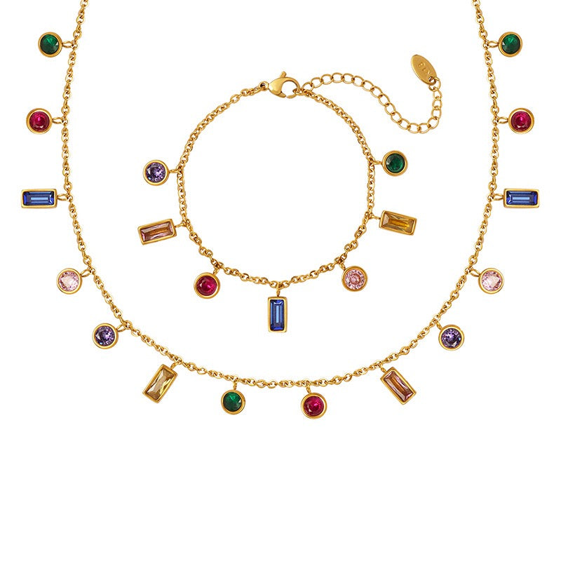The Chromatic Fringe Set - Multi-Color Zircon Necklace & Titanium Steel Bracelet