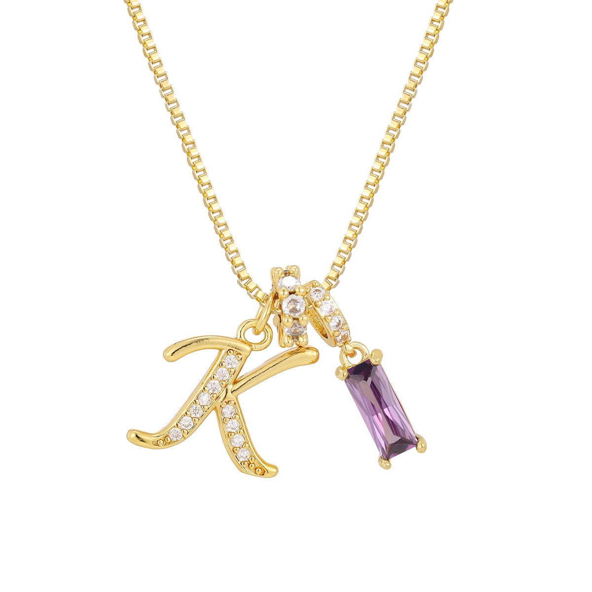 Gold Letter Necklace with Purple CZ - Rectangular Bar Pendant with Custom Initial | Personalized Jewelry