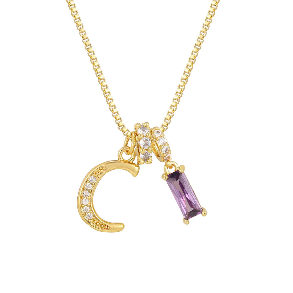 Gold Letter Necklace with Purple CZ - Rectangular Bar Pendant with Custom Initial | Personalized Jewelry