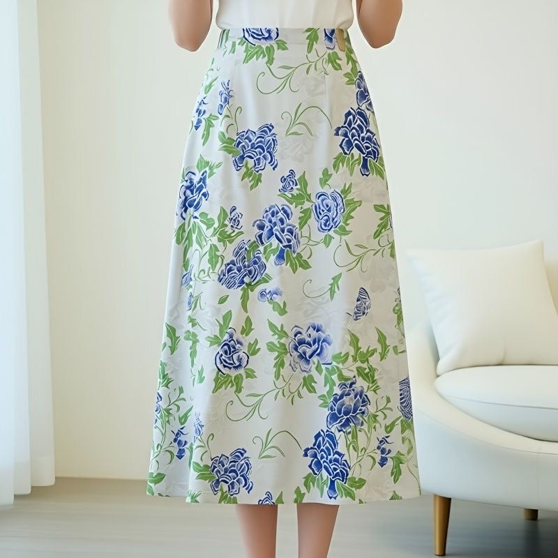 Vintage Floral Midi Skirt – Silky Satin, Elastic Waist
