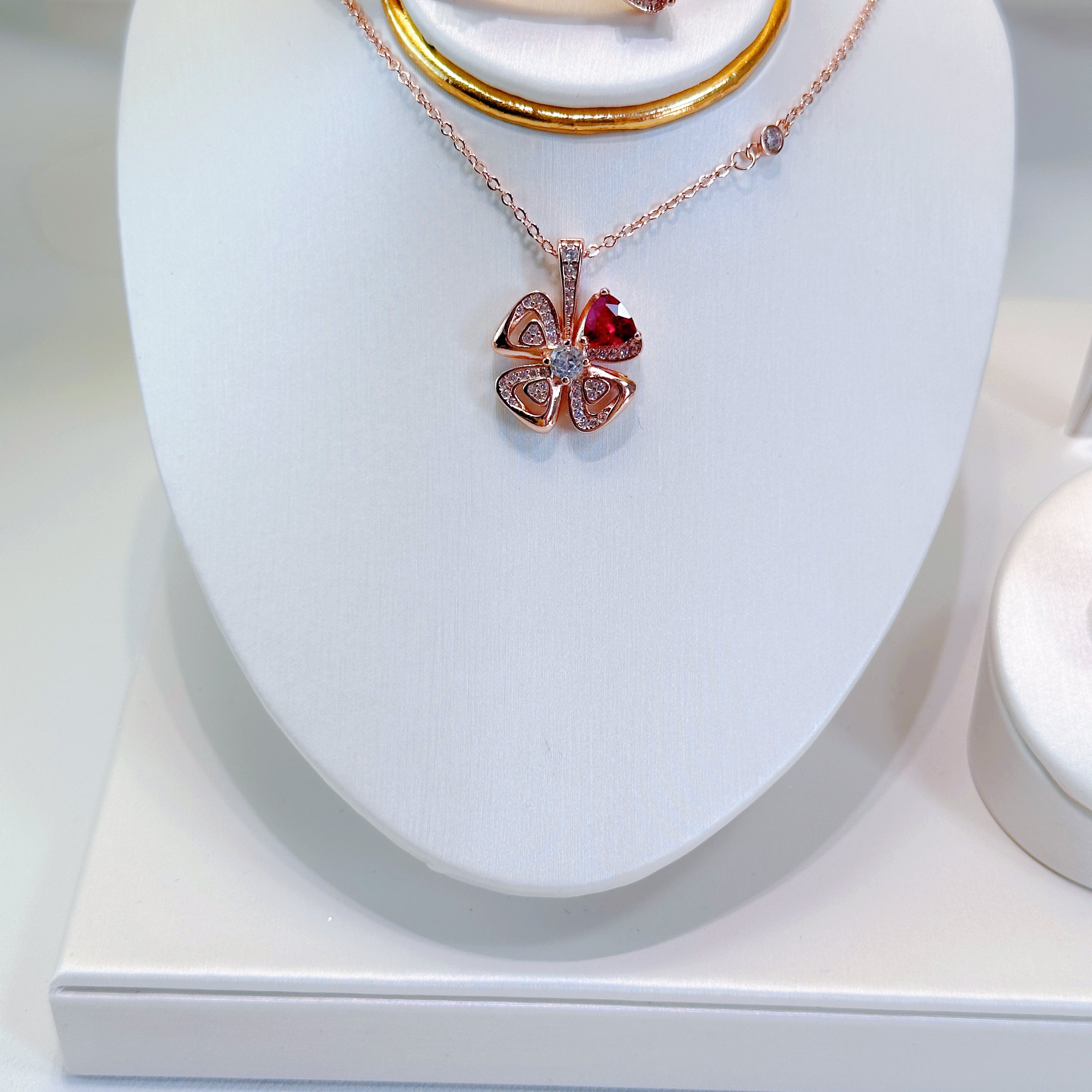 Eternal Bloom Ruby Red Jewelry Set – Necklace, Ring & Bracelet | 4-Leaf Flower Collection for Women
