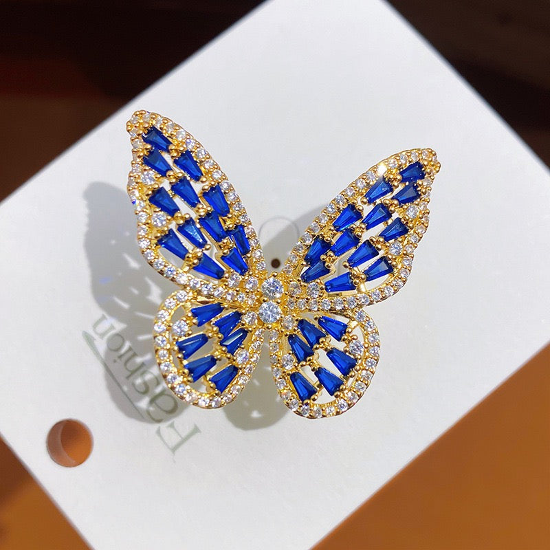 Multi-Color Butterfly Ring - 12 CZ Stone Color Options, Open Band Design