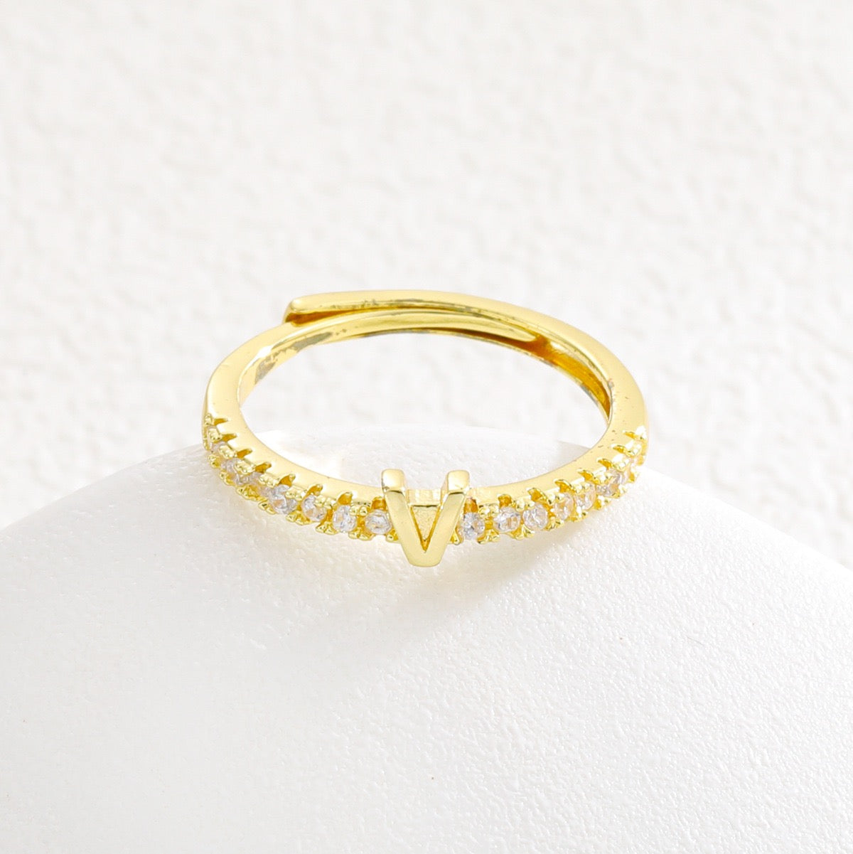 Personalized Initial Ring - Gold Plated Open Band with Sparkling Cubic Zirconia