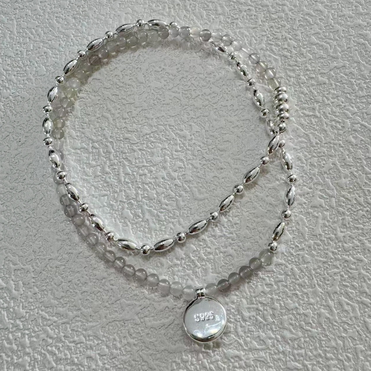 Layered Gray Agate Bead Necklace - 44cm S925 Sterling Silver Chain with Rotating Closure | Minimalist Stacking Jewelry - Pale Luna Jewelry