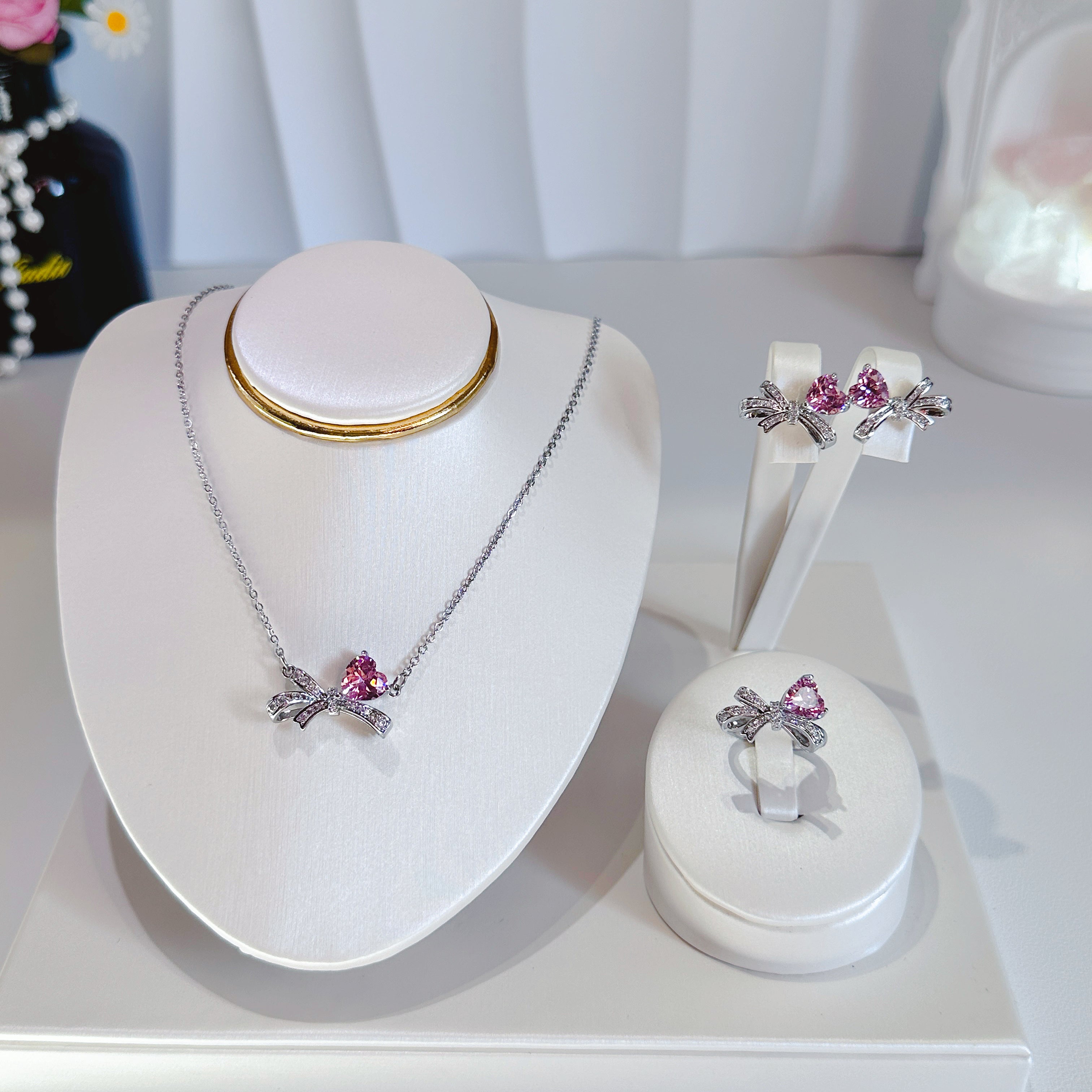 Bow Knot Jewelry Set - Necklace, Earrings & Ring with Pink Zircon | Delicate & Feminine Trio - Pale Luna Jewelry