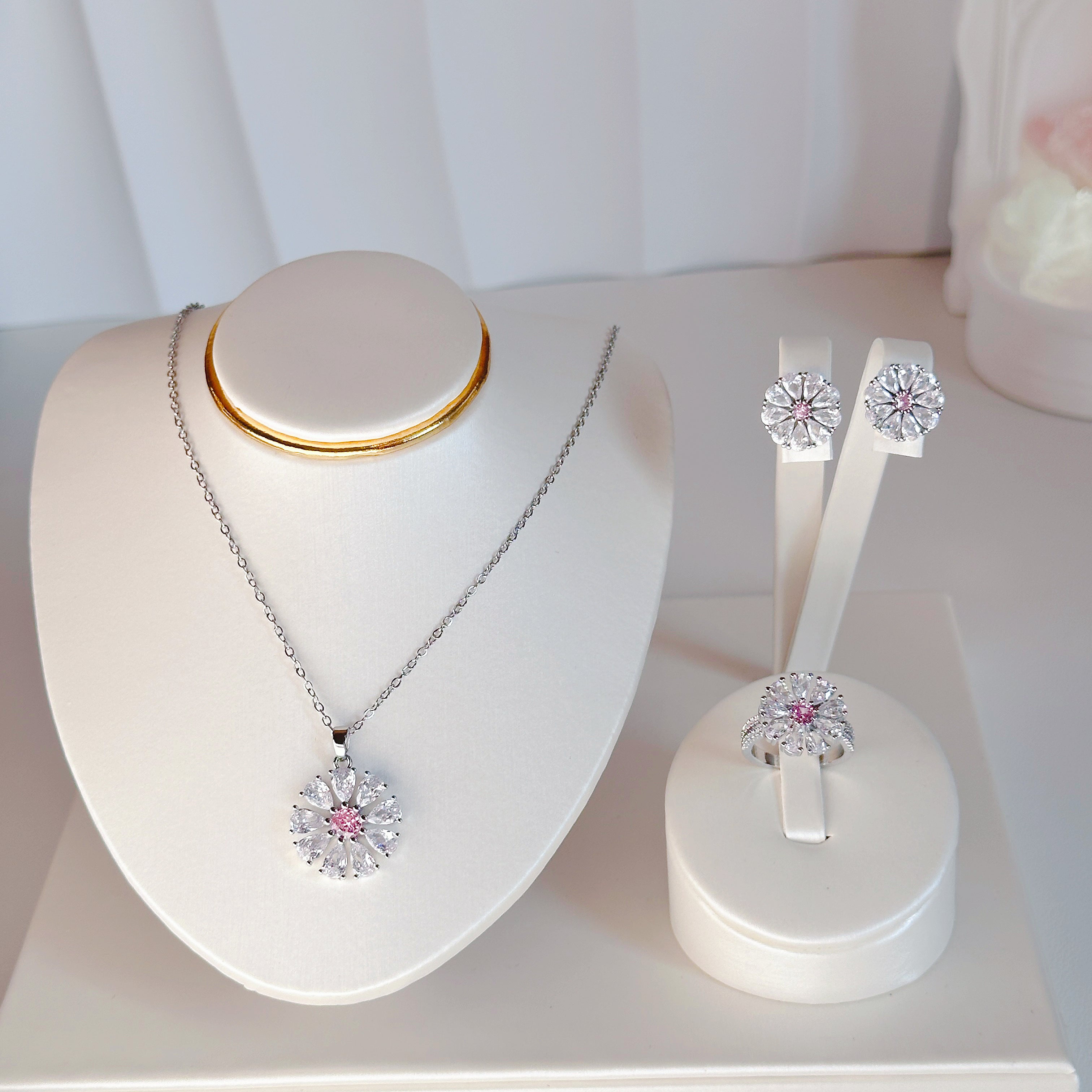 Titanium Steel Sunflower Jewelry Set - Necklace, Stud Earrings & Ring with Zircon | Minimalist Floral Trio - Pale Luna Jewelry