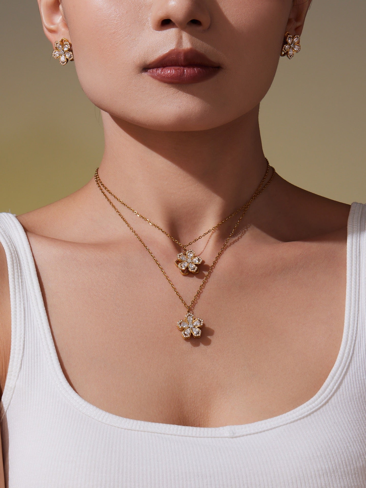The Rotating Bloom Trio - Kinetic Five-Petal Flower Set in Stainless Steel & Zircon