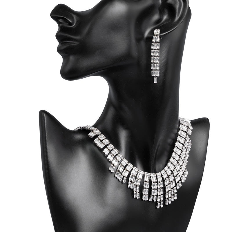 Double Layer Diamond Necklace Bracelet Earrings Set | Sapphire Ruby Emerald White Gemstone Jewelry Trio