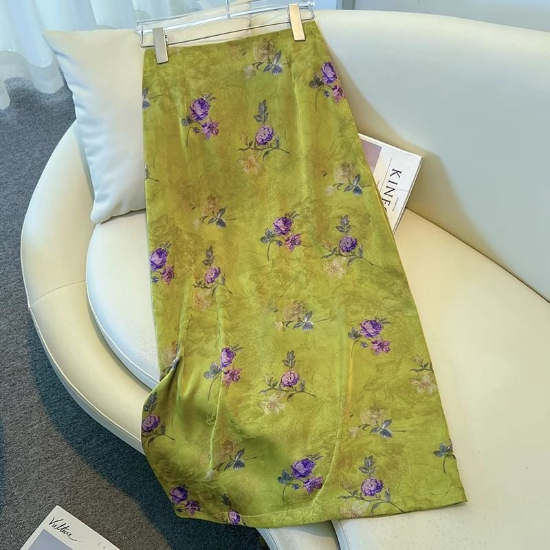Vintage Floral Midi Skirt – Silky Satin, Elastic Waist