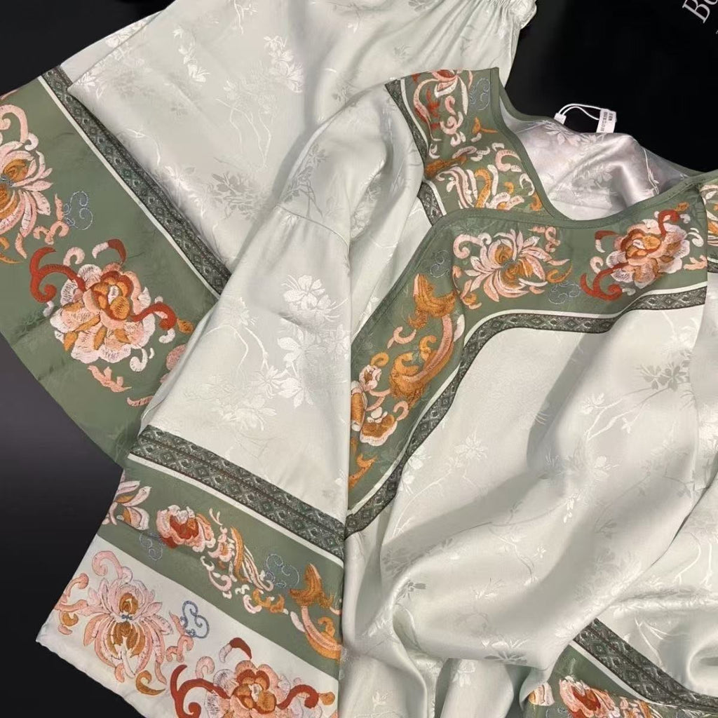 Qing Dynasty Princess Pajama Set – Vintage Court Floral Jacquard, Long-Sleeve