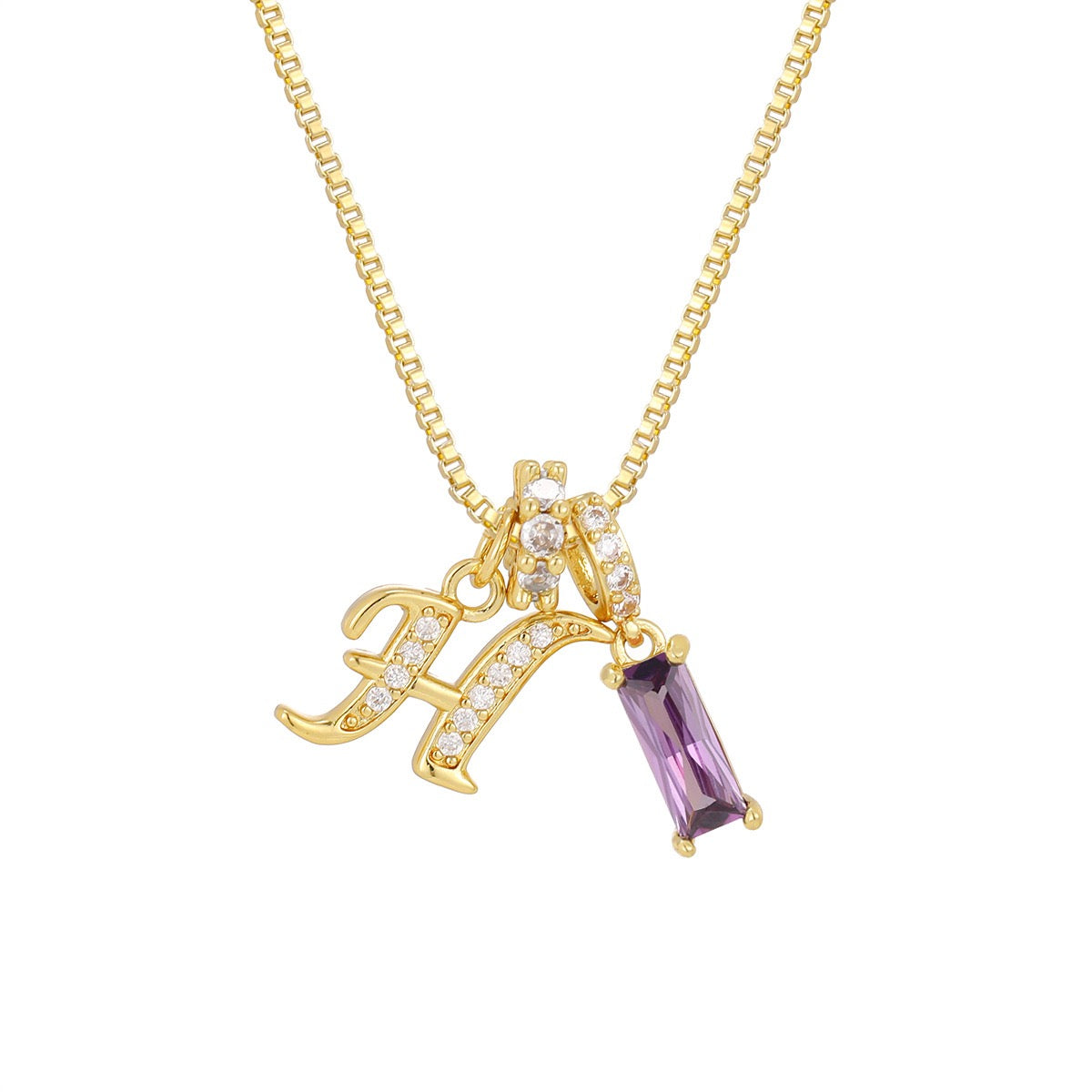 Gold Letter Necklace with Purple CZ - Rectangular Bar Pendant with Custom Initial | Personalized Jewelry