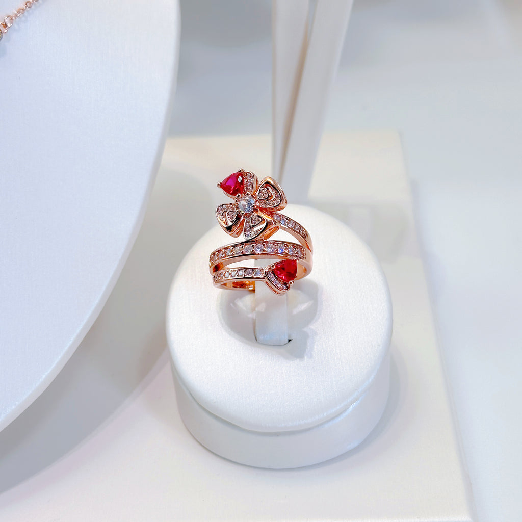 Eternal Bloom Ruby Red Jewelry Set – Necklace, Ring & Bracelet | 4-Leaf Flower Collection for Women