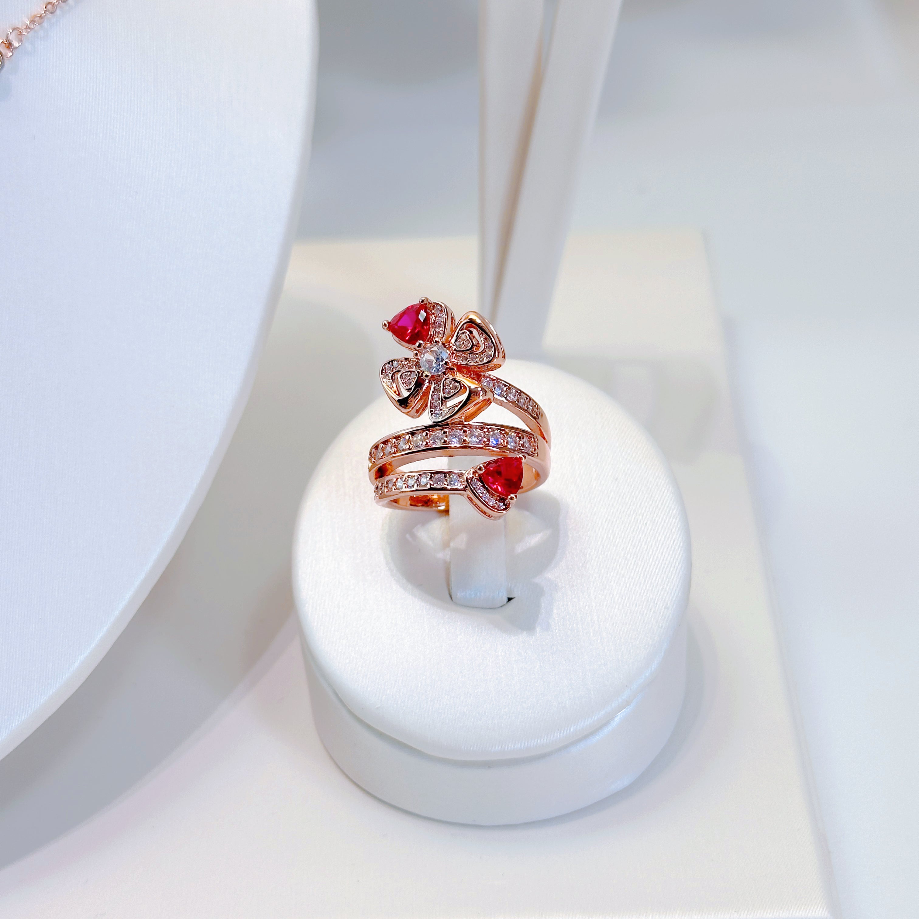 Eternal Bloom Ruby Red Jewelry Set – Necklace, Ring & Bracelet | 4-Leaf Flower Collection for Women
