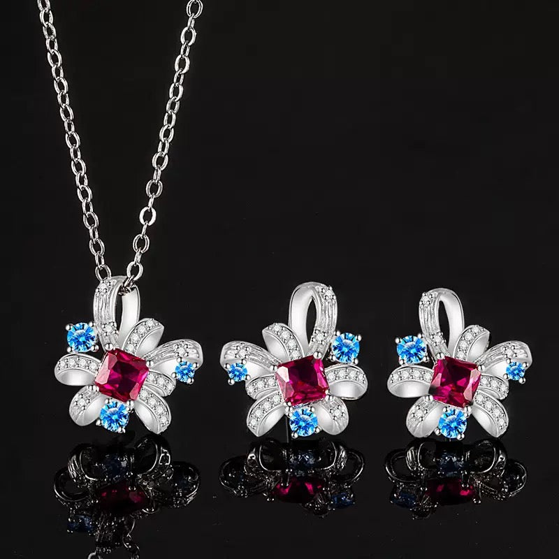 Fashion Luxury Pigeon Blood Red Corundum Flower Jewelry Set | Necklace & Earrings