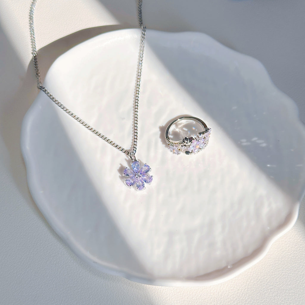 Starbloom Duo – Shen Xinghui Aster Flower Ring & Purple Lilac Necklace | Celestial Jewelry Set