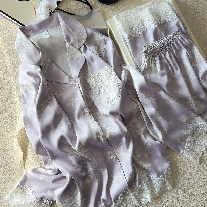 Lace Trim Ice-Silk Pajama Set – Long Sleeve Long Pants, Light Luxury Style