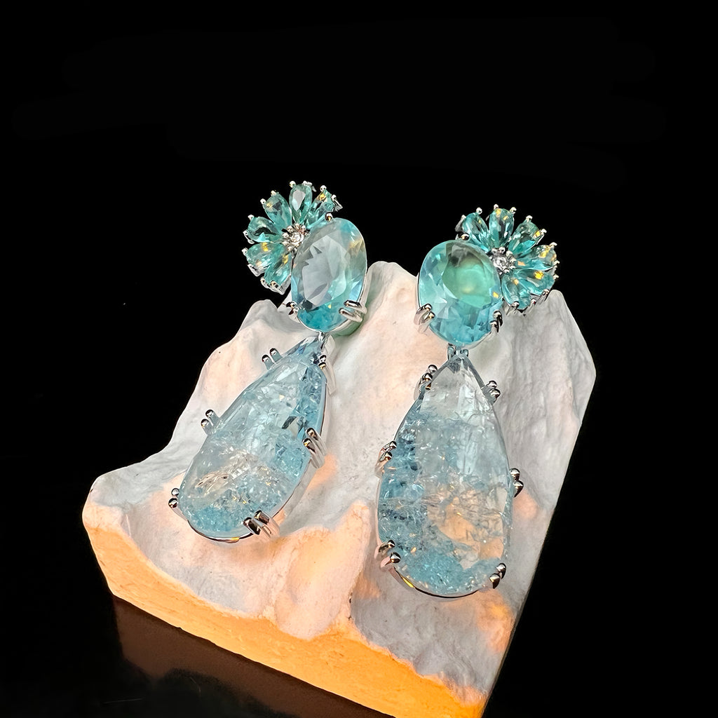 5A Ice Blue Zircon Earrings High-Fashion Faceted Studs S925 Sterling Silver Runway Inspired Jewelry - Pale Luna Jewelry