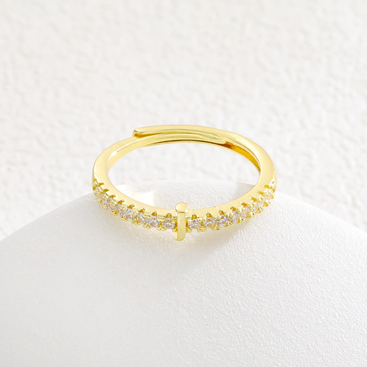 Personalized Initial Ring - Gold Plated Open Band with Sparkling Cubic Zirconia
