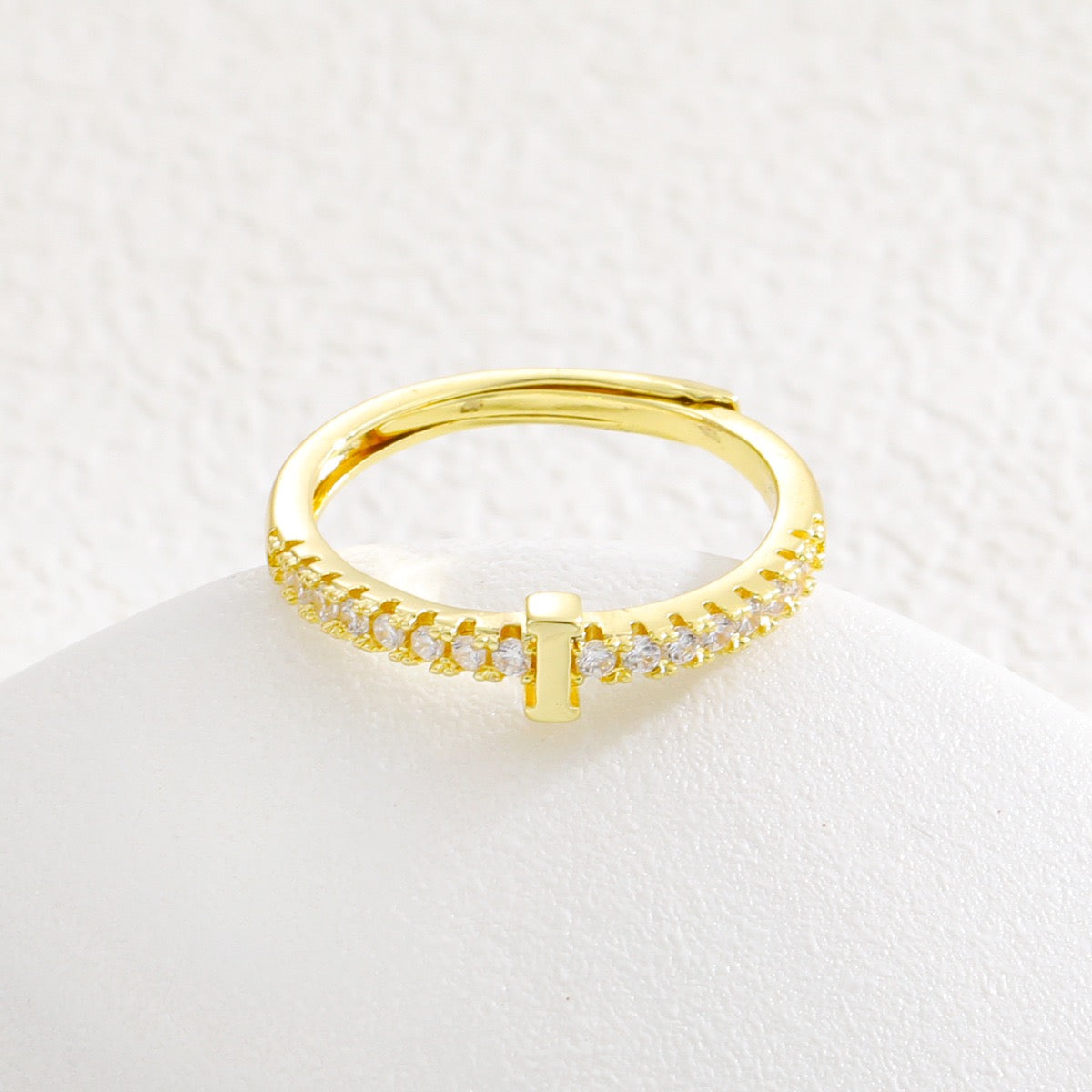 Personalized Initial Ring - Gold Plated Open Band with Sparkling Cubic Zirconia