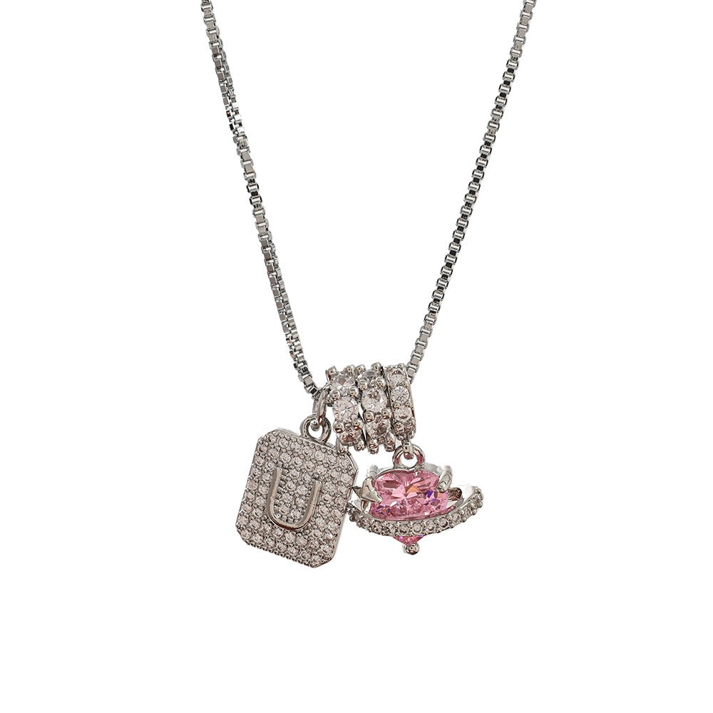 A Personalized Pink Heart Necklace - Custom Initial with CZ Stones | Dainty 40cm Chain