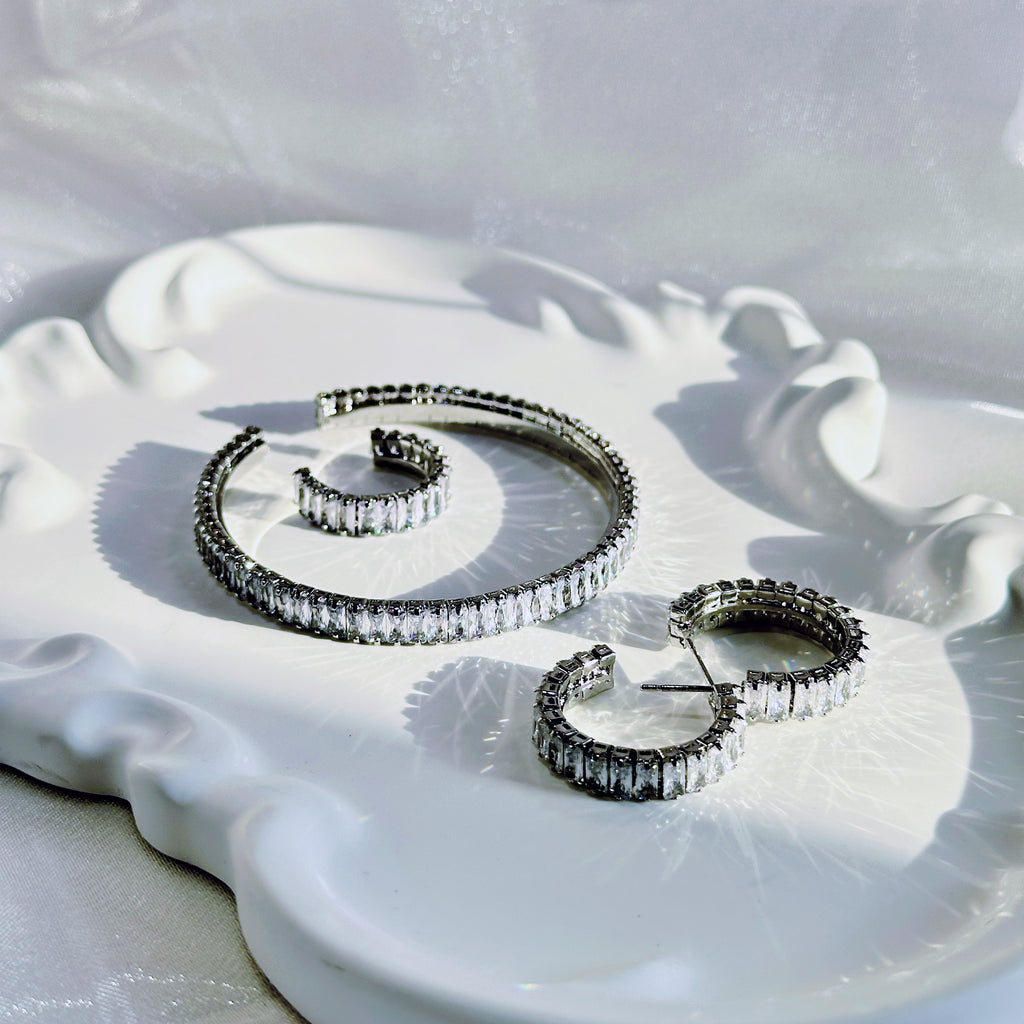 Petite Silver Cuff, Adjustable Ring & Stud Earrings with Channel-Set Zirconia