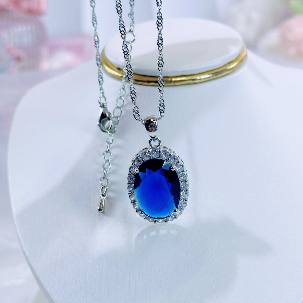 “Azure Constellation” 3-Piece Jewelry Set – Blue Gemstone Necklace, Earrings & Ring with Diamond Halo | Gold/Silver Tone