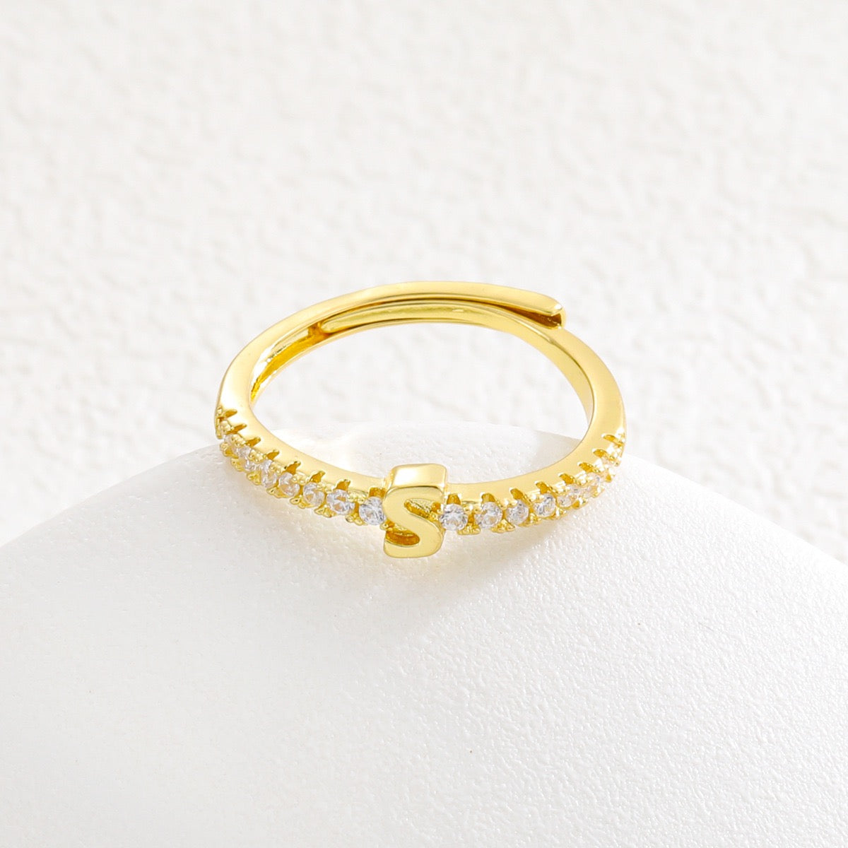 Personalized Initial Ring - Gold Plated Open Band with Sparkling Cubic Zirconia