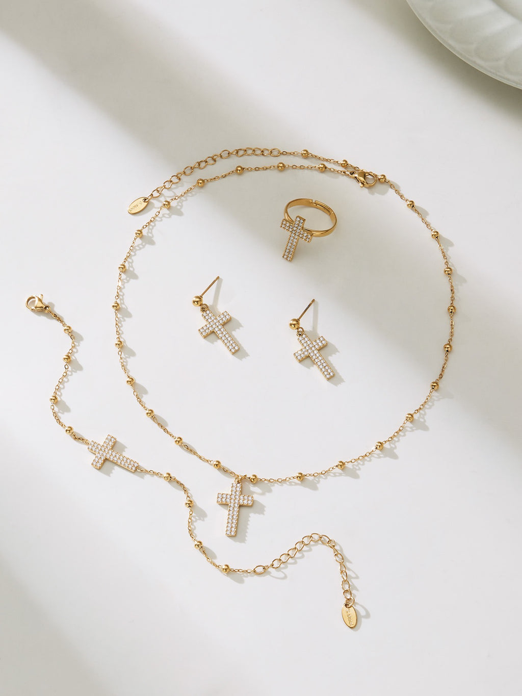 The Gilded Cross Suite - 4-Piece Vintage Necklace, Bracelet, Earrings & Ring Set