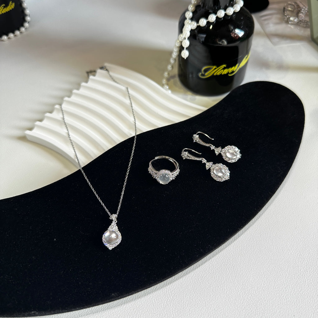 3-Piece Albite Jade Suite - Open Ring, Stud Earrings & Pendant Necklace | Complete Luxury Set - Pale Luna Jewelry