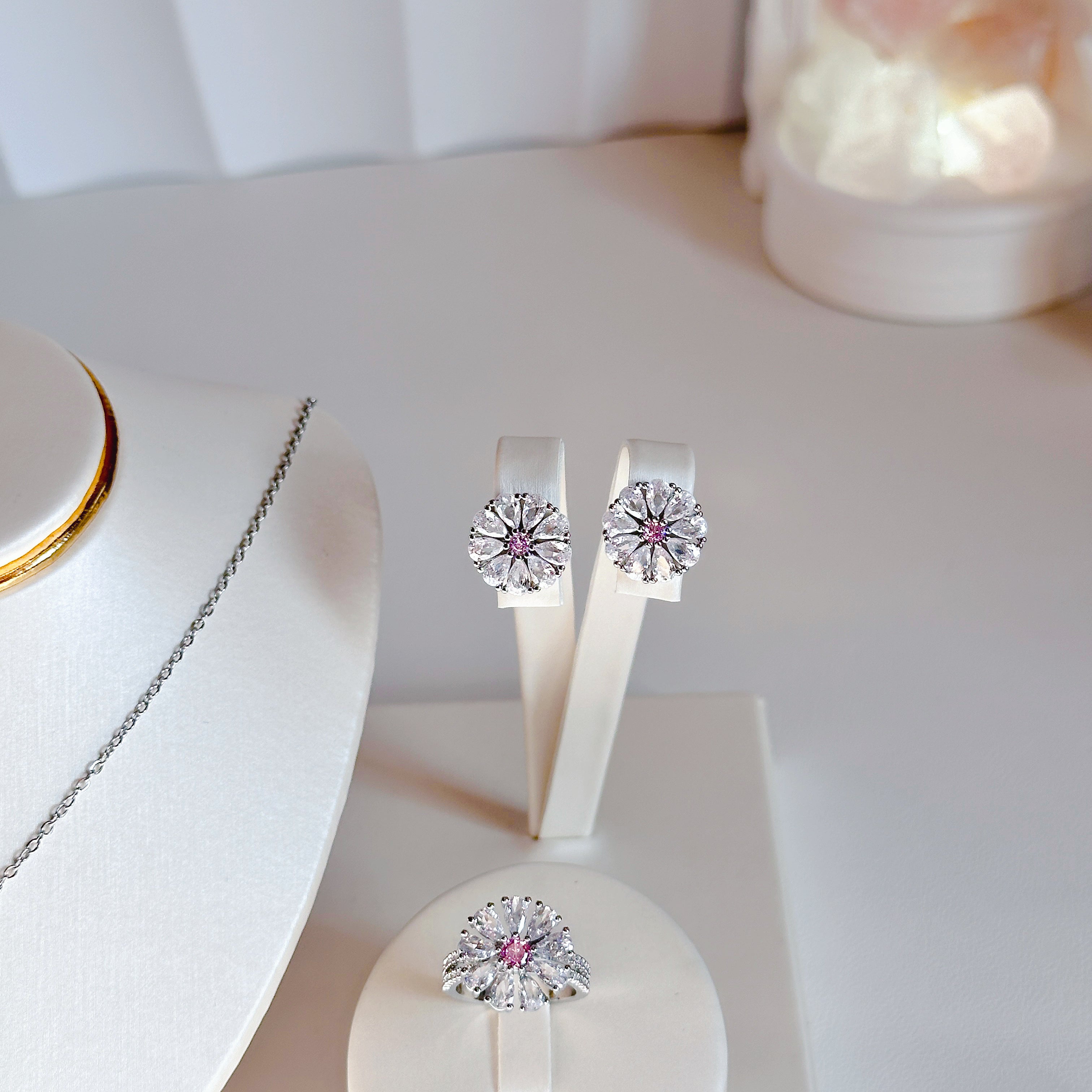 Titanium Steel Sunflower Jewelry Set - Necklace, Stud Earrings & Ring with Zircon | Minimalist Floral Trio - Pale Luna Jewelry