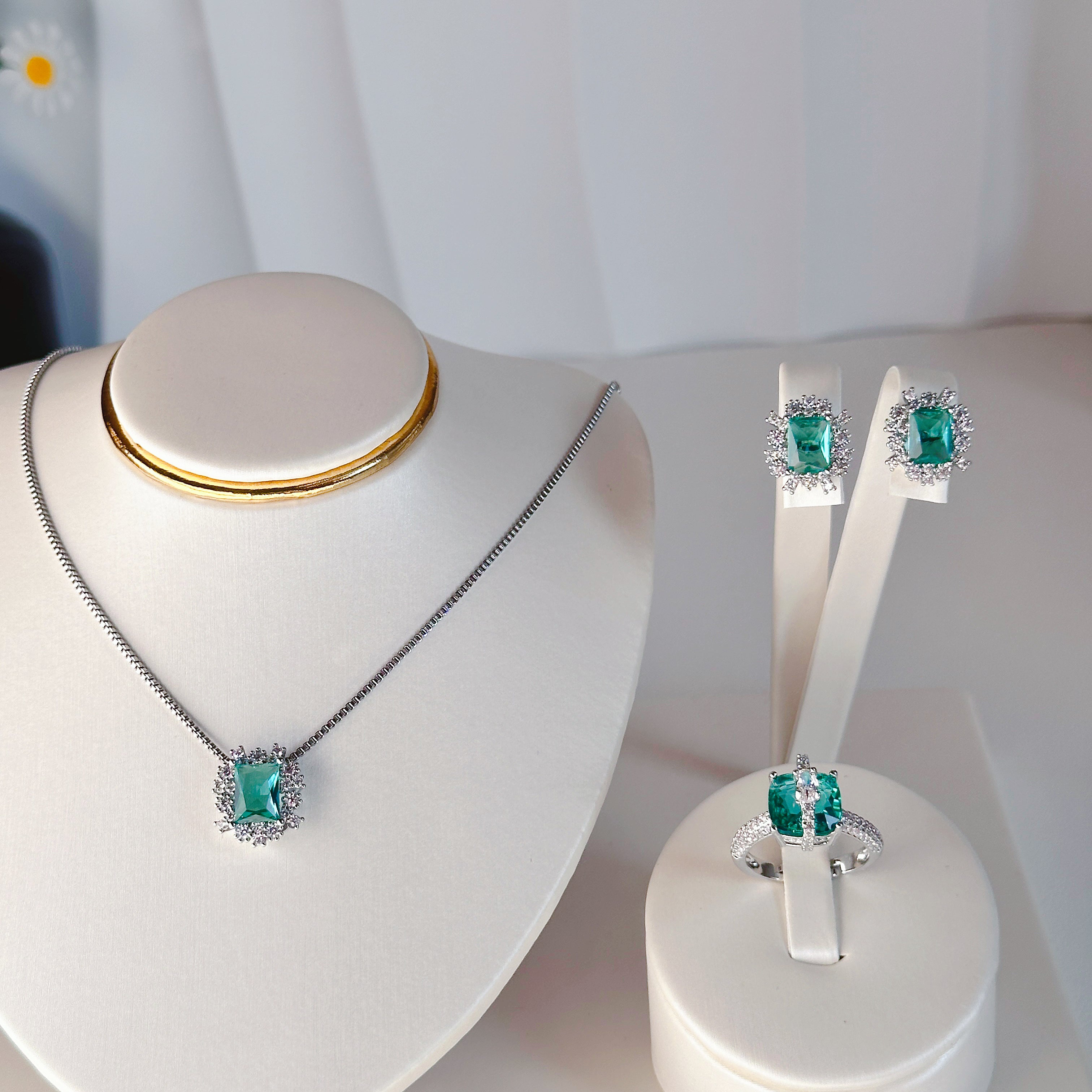 Geometric Ice & Crystal Jewelry Set - Titanium Steel Necklace, Earrings & Cubic Zircon Ring | Modern Blue Collection - Pale Luna Jewelry