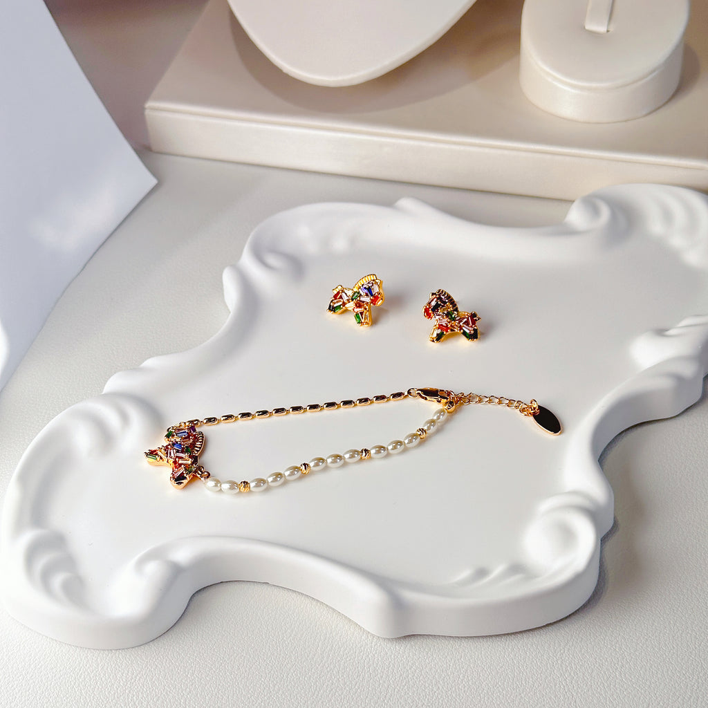 The Rainbow Pony Duo | Matching Charm Bracelet & Stud Earrings Set
