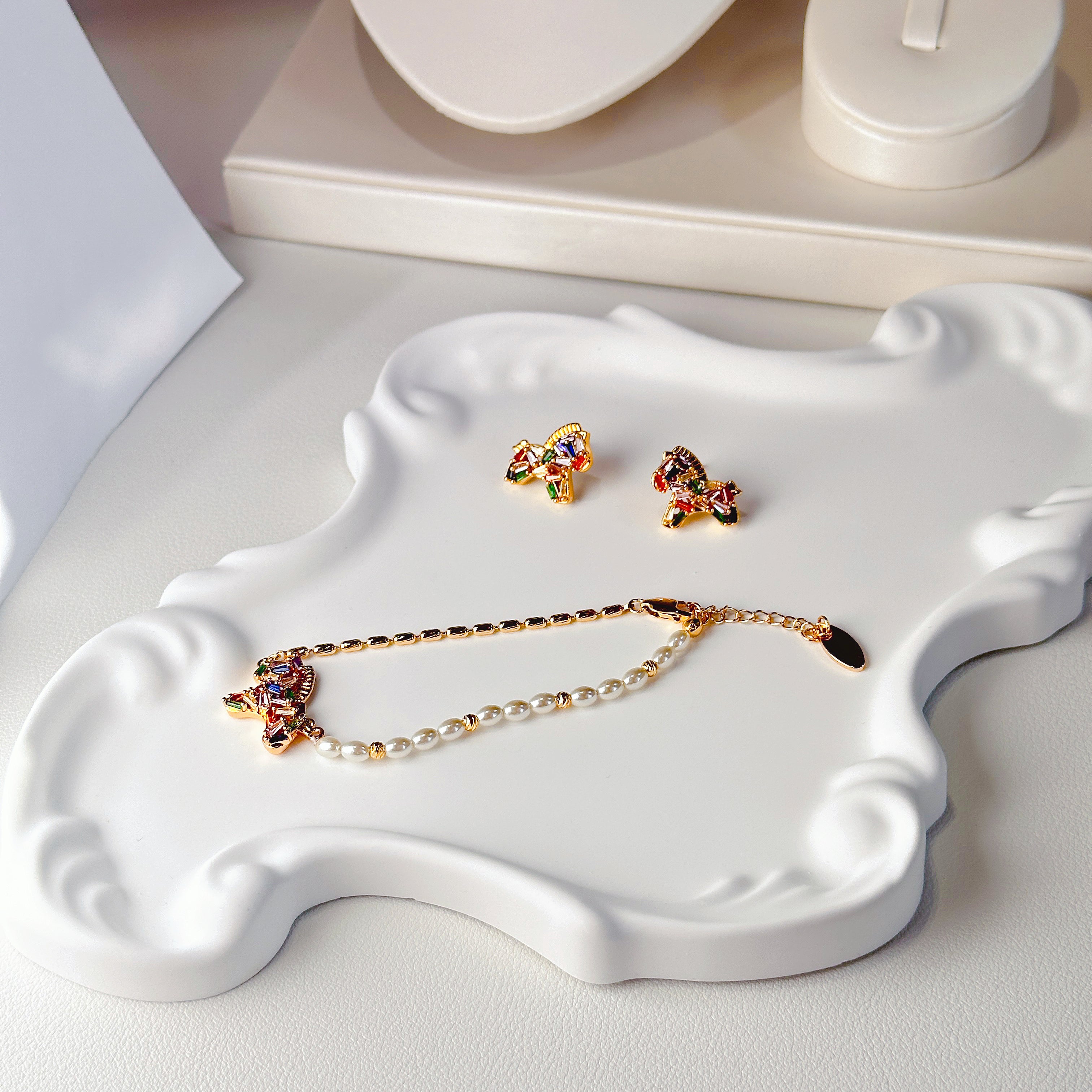 The Rainbow Pony Duo | Matching Charm Bracelet & Stud Earrings Set