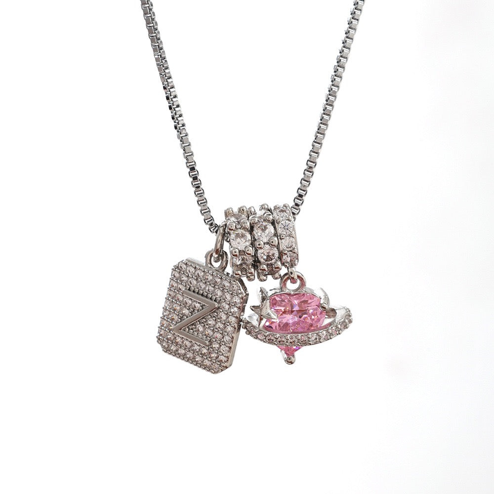 A Personalized Pink Heart Necklace - Custom Initial with CZ Stones | Dainty 40cm Chain