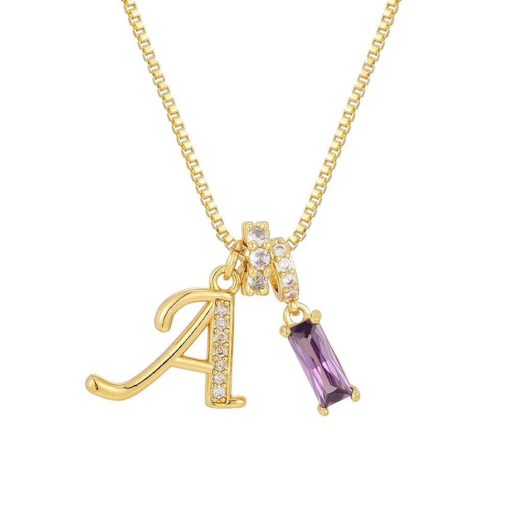 Gold Letter Necklace with Purple CZ - Rectangular Bar Pendant with Custom Initial | Personalized Jewelry